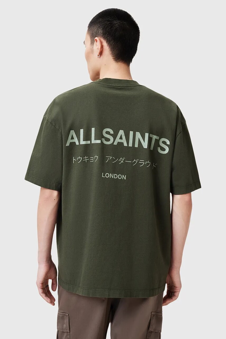 Бавовняна футболка AllSaints UNDERGROUND чоловіча колір зелений з принтом M071PB