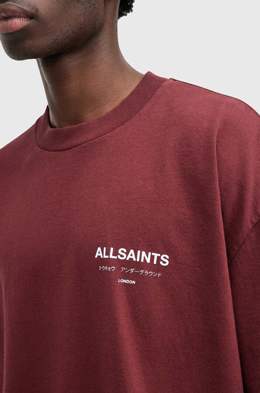 Бавовняна футболка AllSaints UNDERGROUND чоловіча колір бордовий з принтом M071PB