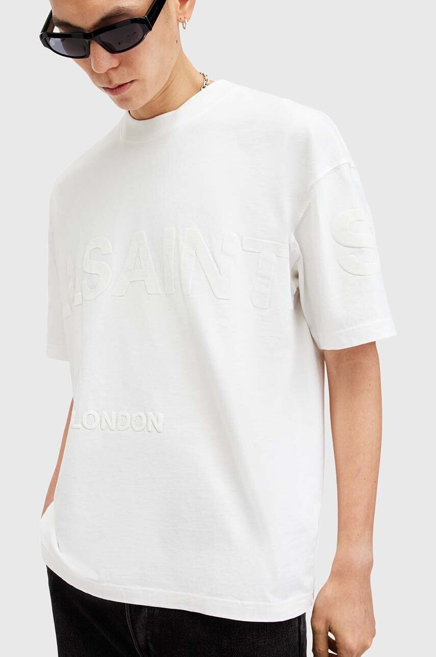 Бавовняна футболка AllSaints BIGGY чоловіча колір білий з принтом M088PB