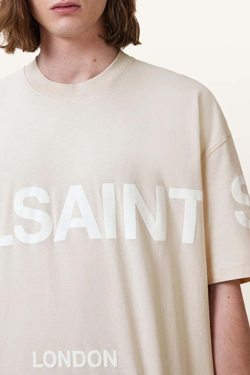 Бавовняна футболка AllSaints BIGGY чоловіча колір бежевий з принтом M088PB