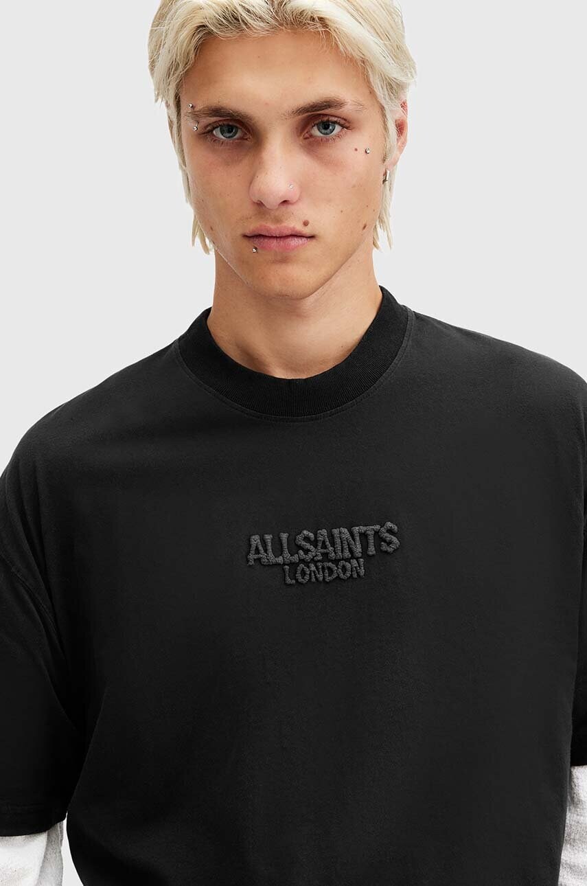 Бавовняна футболка AllSaints BONES SS CREW чоловіча колір чорний з аплікацією M073PB