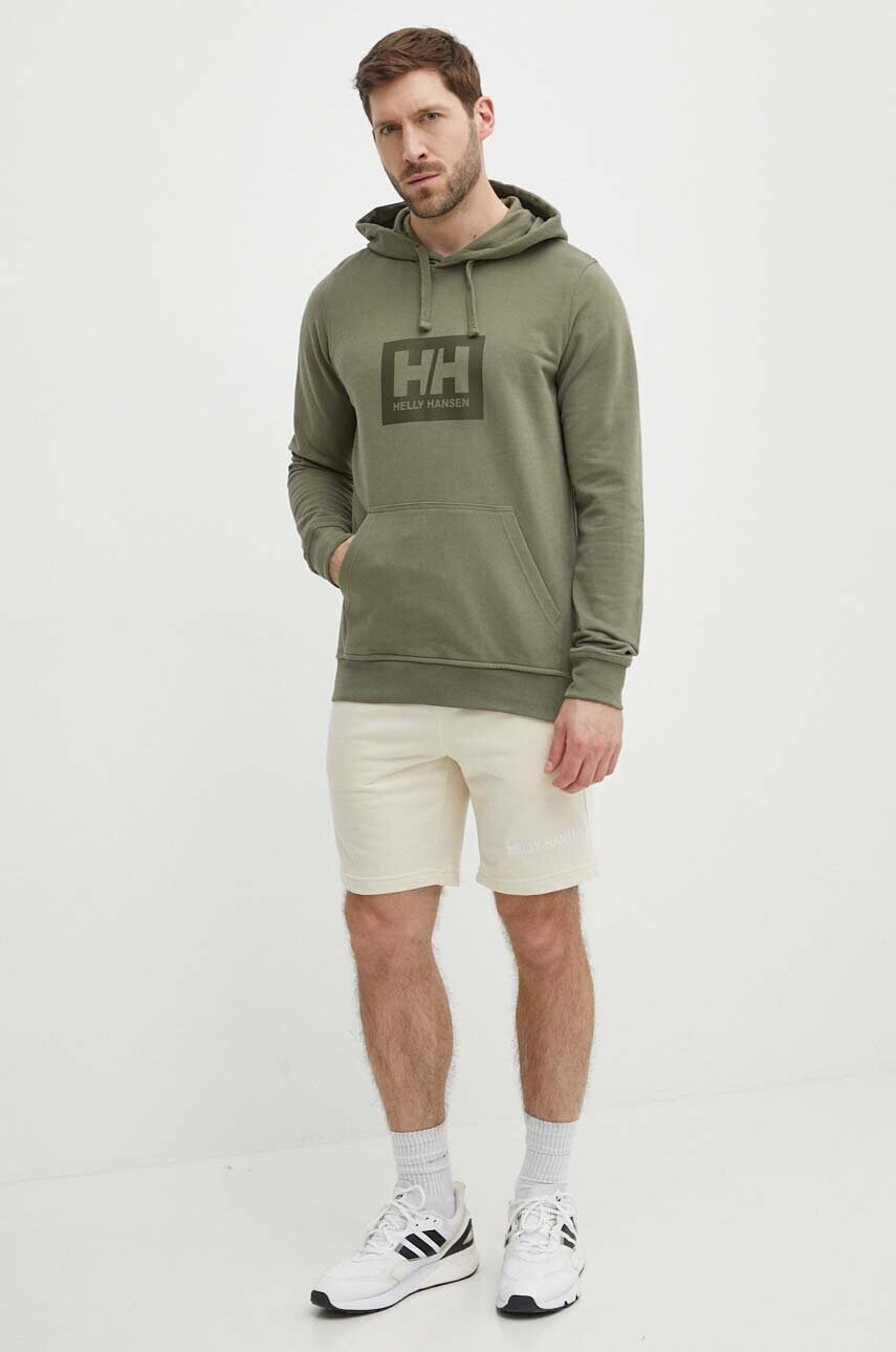 Бавовняна кофта Helly Hansen колір зелений з капюшоном з принтом