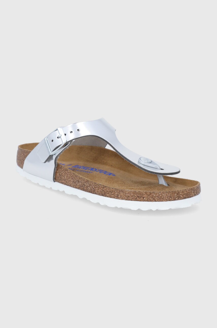 Шкіряні в'єтнамки Birkenstock Gizeh жіночі колір срібний на плоскому ходу 1003675