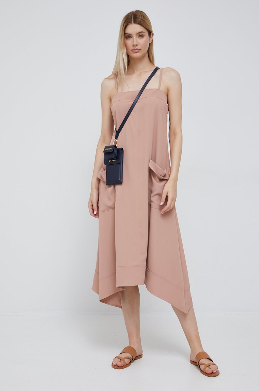 Сукня Dkny колір бежевий midi розкльошена
