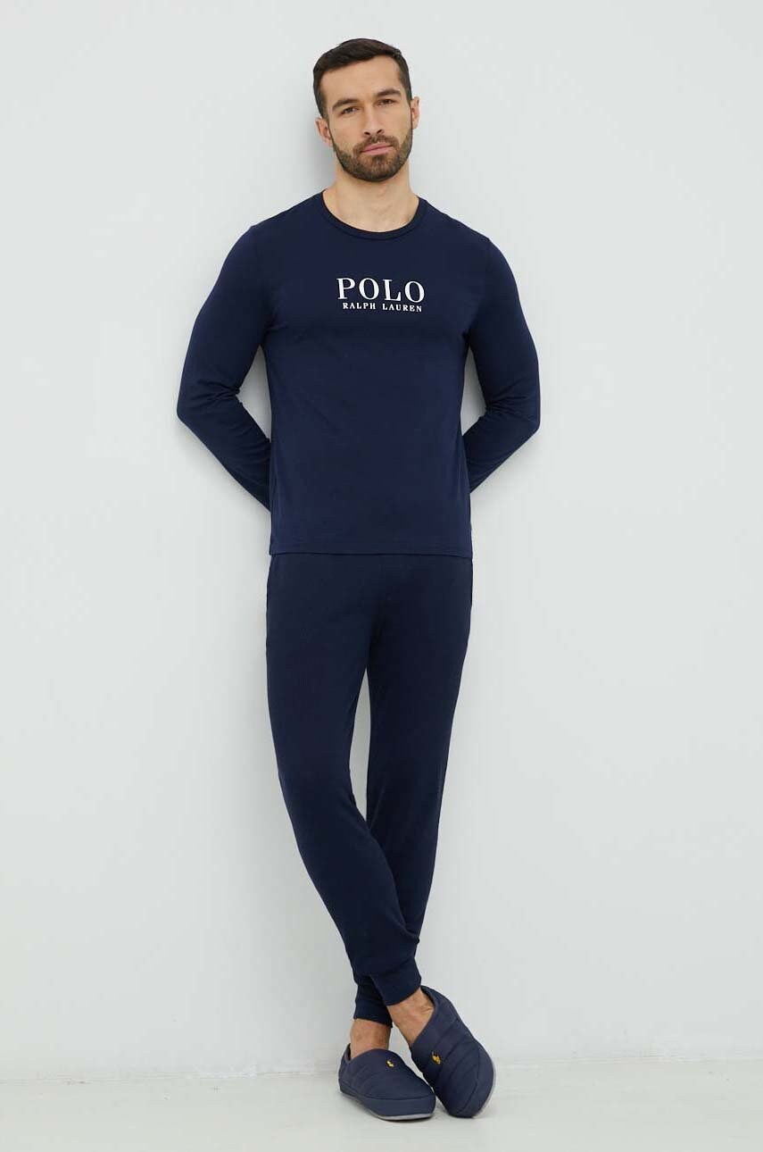 Піжамний бавовняний лонгслів Polo Ralph Lauren колір синій з принтом