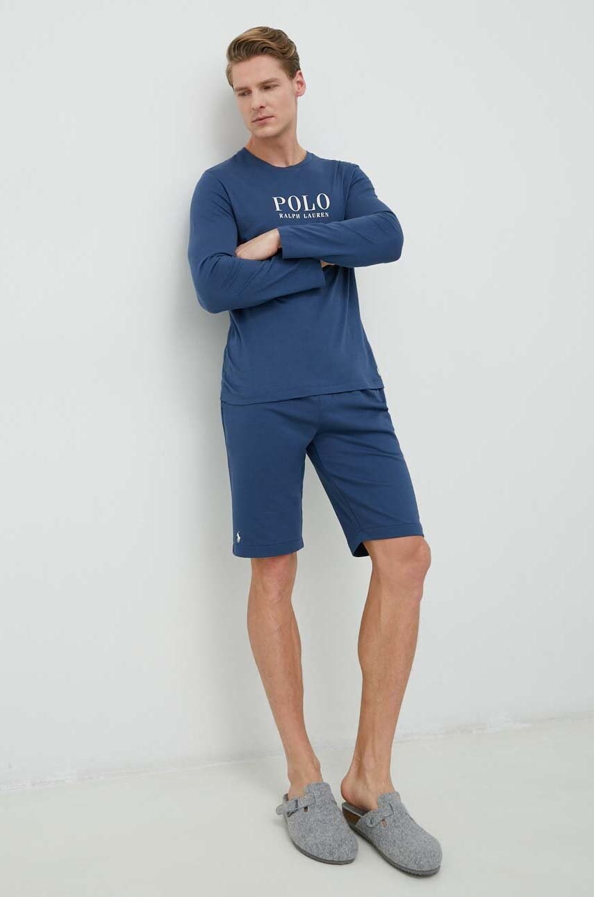 Піжамний бавовняний лонгслів Polo Ralph Lauren колір синій з принтом