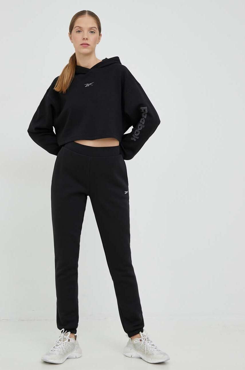Кофта Reebok жіноча колір чорний з капюшоном з принтом