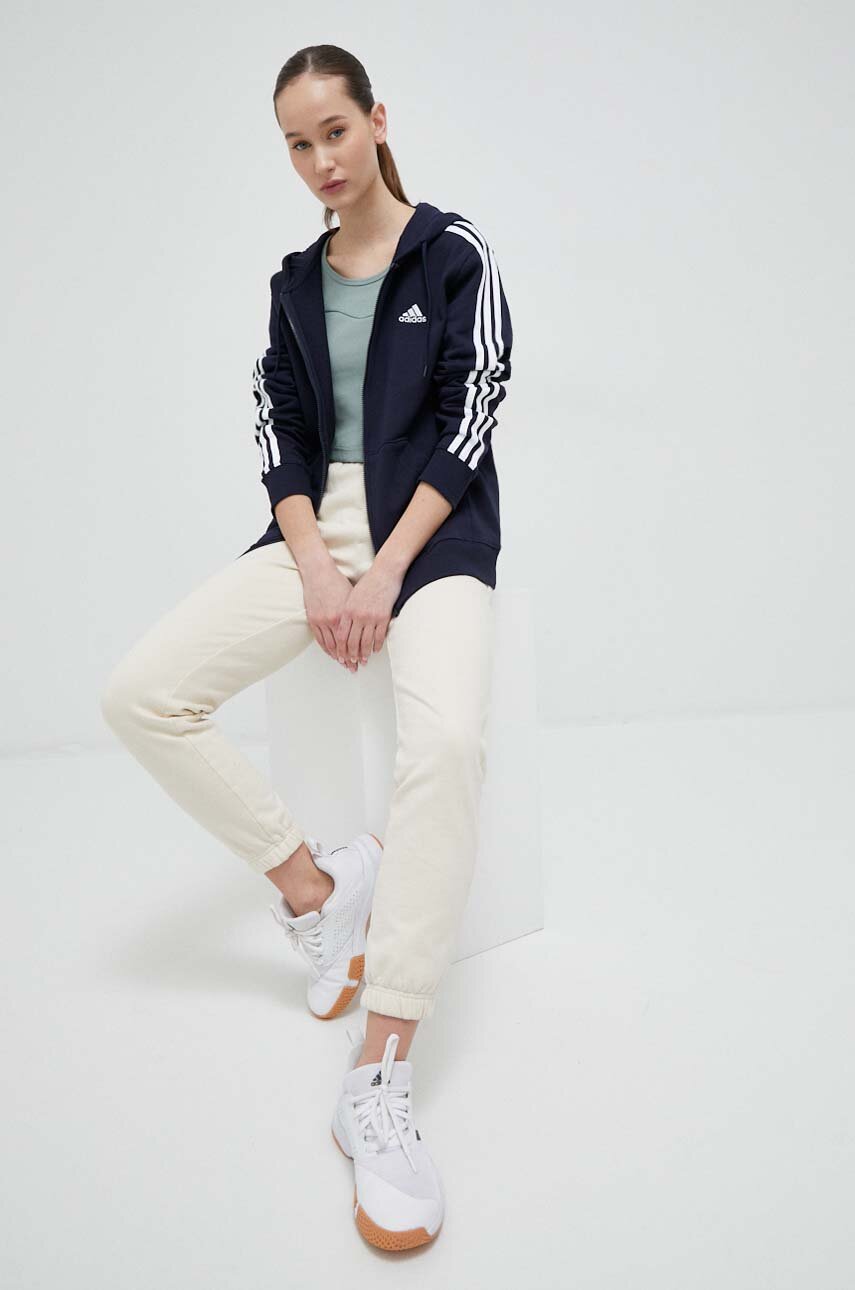 Кофта adidas жіноча колір синій з капюшоном з аплікацією