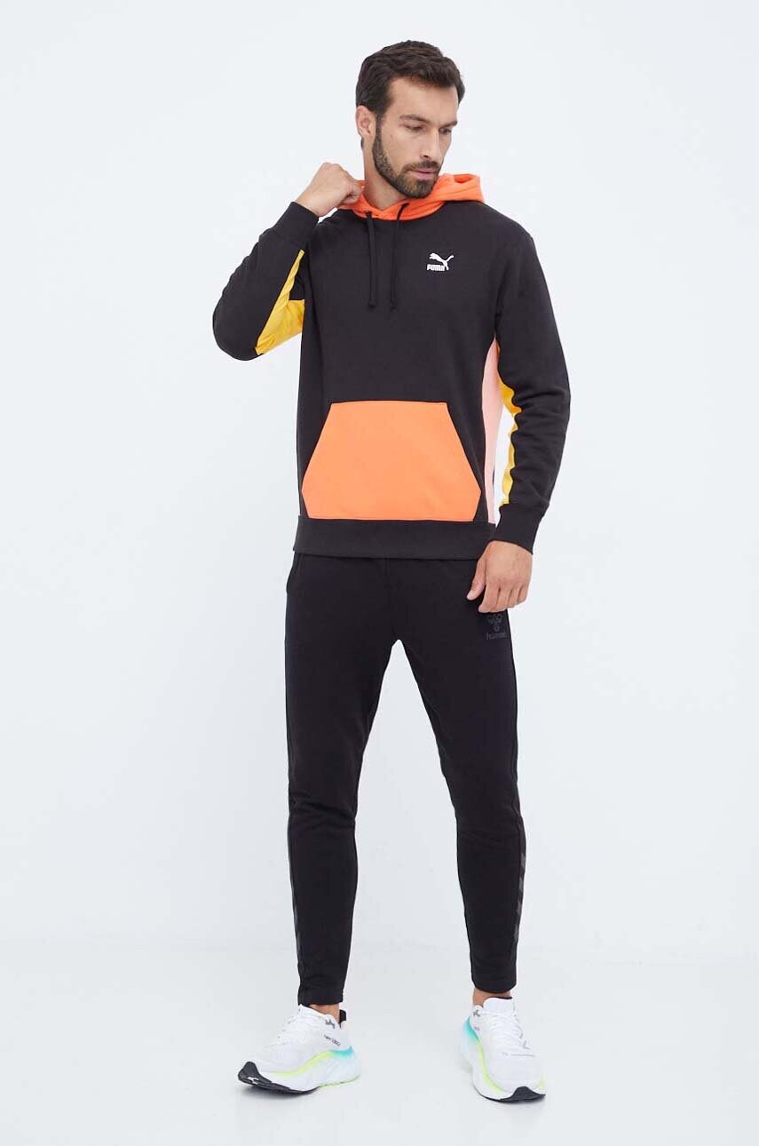 Бавовняна кофта Puma чоловіча колір чорний з капюшоном візерунок