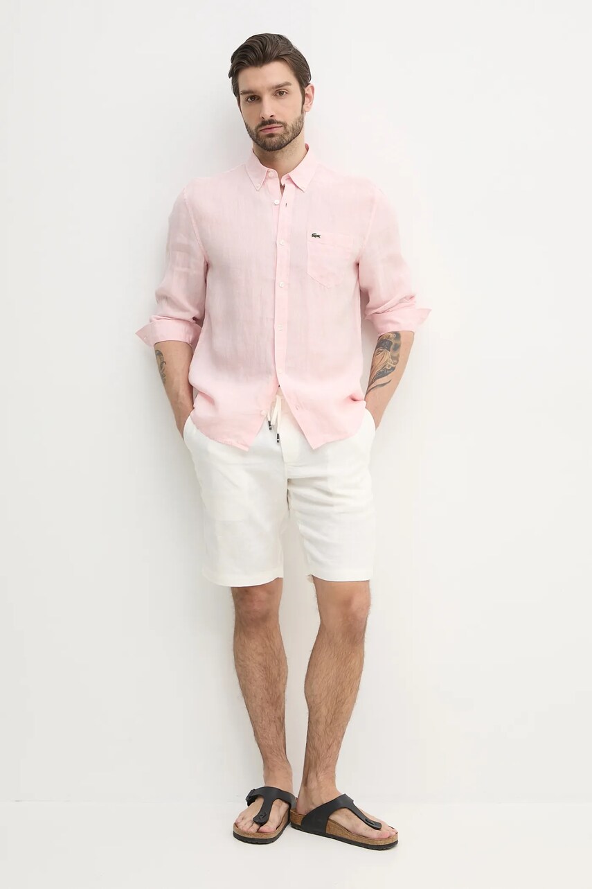 Сорочка з льону Lacoste колір рожевий regular комір button-down