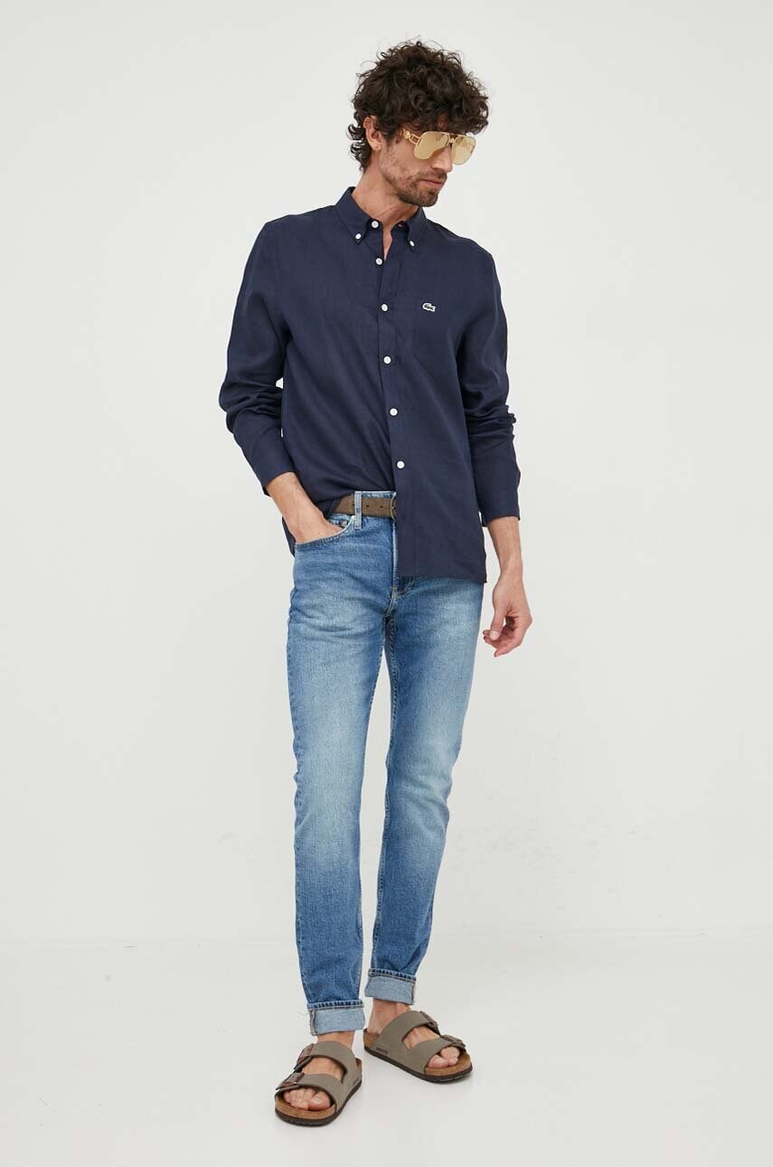 Сорочка з льону Lacoste колір синій regular комір button-down