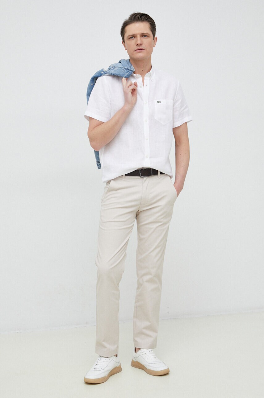 Сорочка з льону Lacoste колір білий regular комір button-down