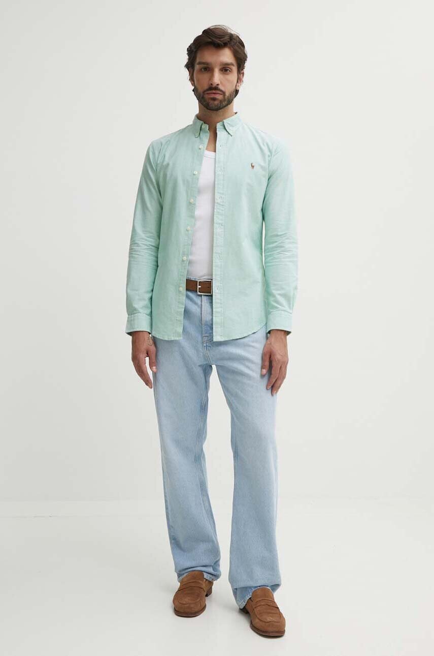 Бавовняна сорочка Polo Ralph Lauren чоловіча колір зелений slim комір button-down