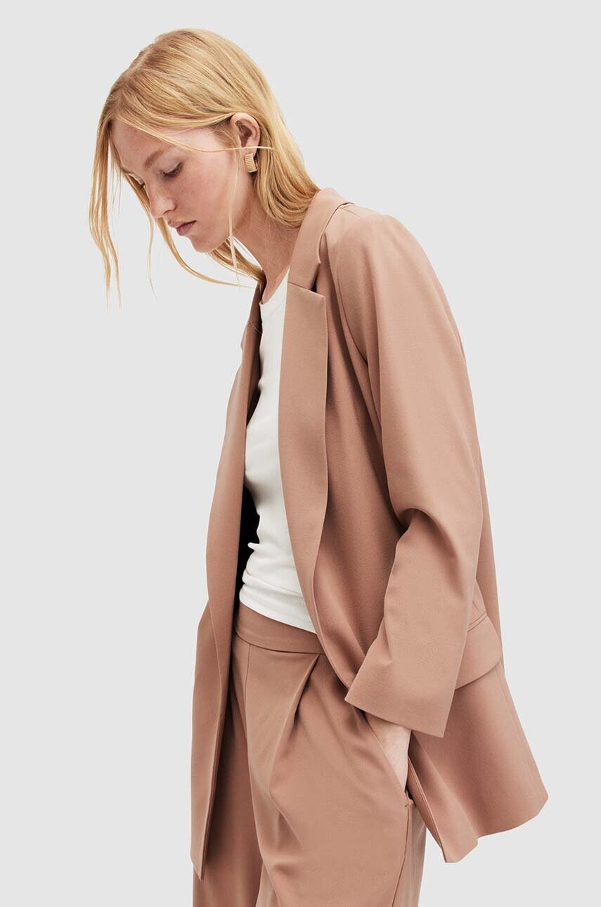 Піджак AllSaints колір коричневий без застібки однотонна