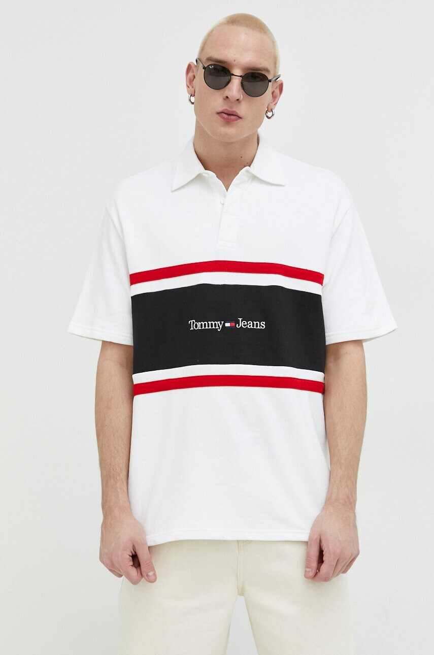 Бавовняне поло Tommy Jeans колір бежевий візерунок