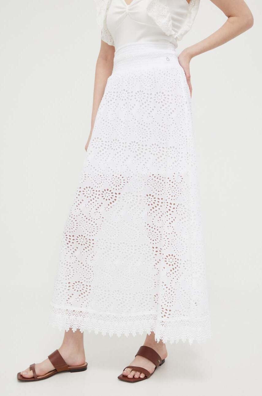 Бавовняна спідниця Guess колір білий maxi розкльошена