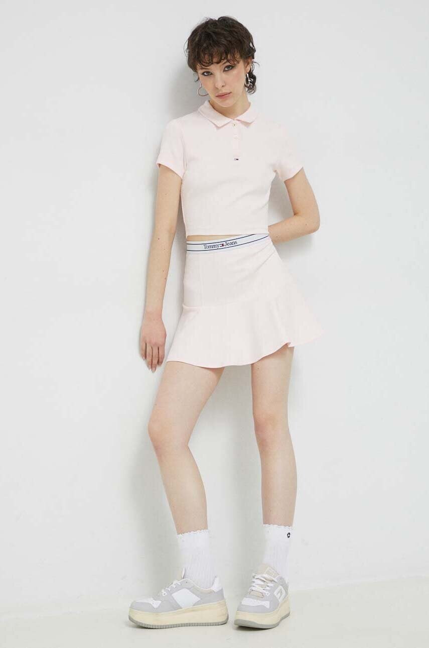 Спідниця Tommy Jeans колір рожевий mini розкльошена