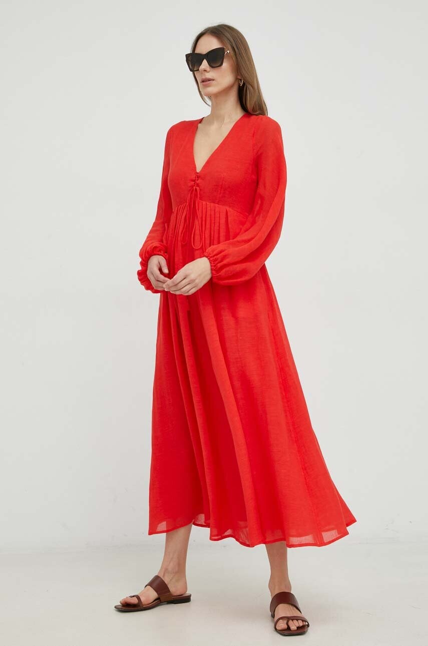 Сукня з домішкою льону Weekend Max Mara колір червоний maxi розкльошена