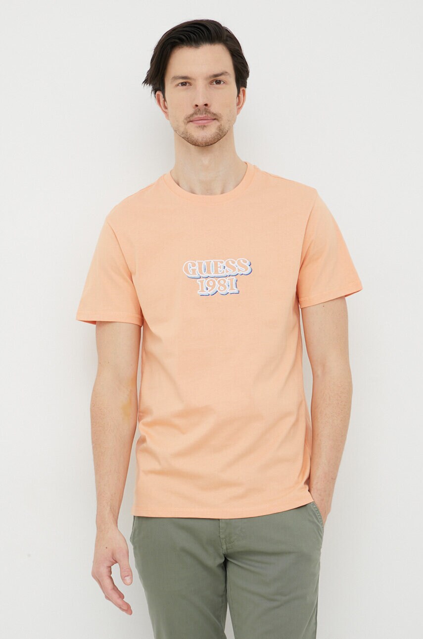 Бавовняна футболка Guess колір помаранчевий з аплікацією