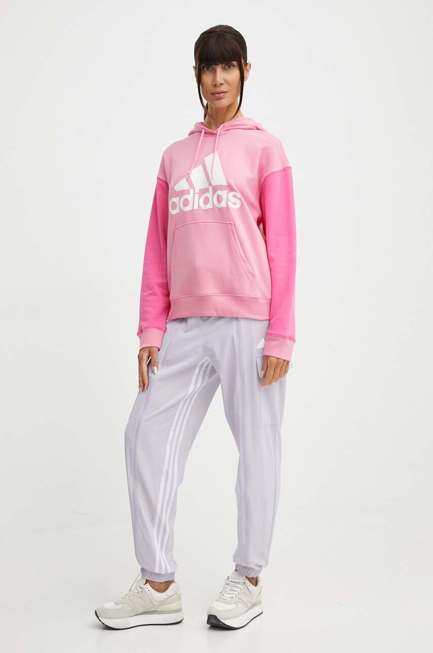 Бавовняна кофта adidas жіноча колір рожевий з капюшоном з принтом IR5450