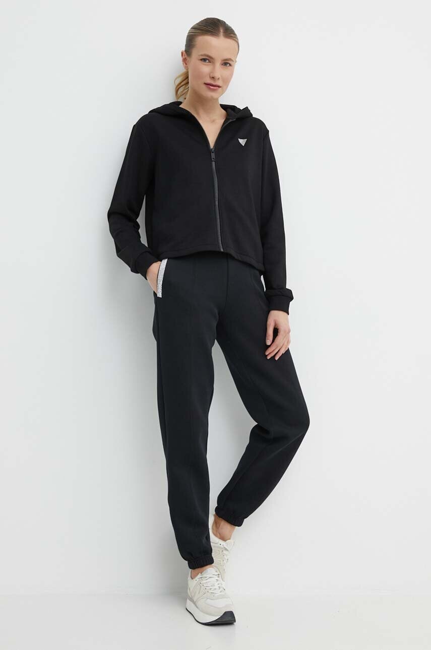 Кофта Guess SKYLAR жіноча колір чорний з капюшоном однотонна V4GQ09 K8802