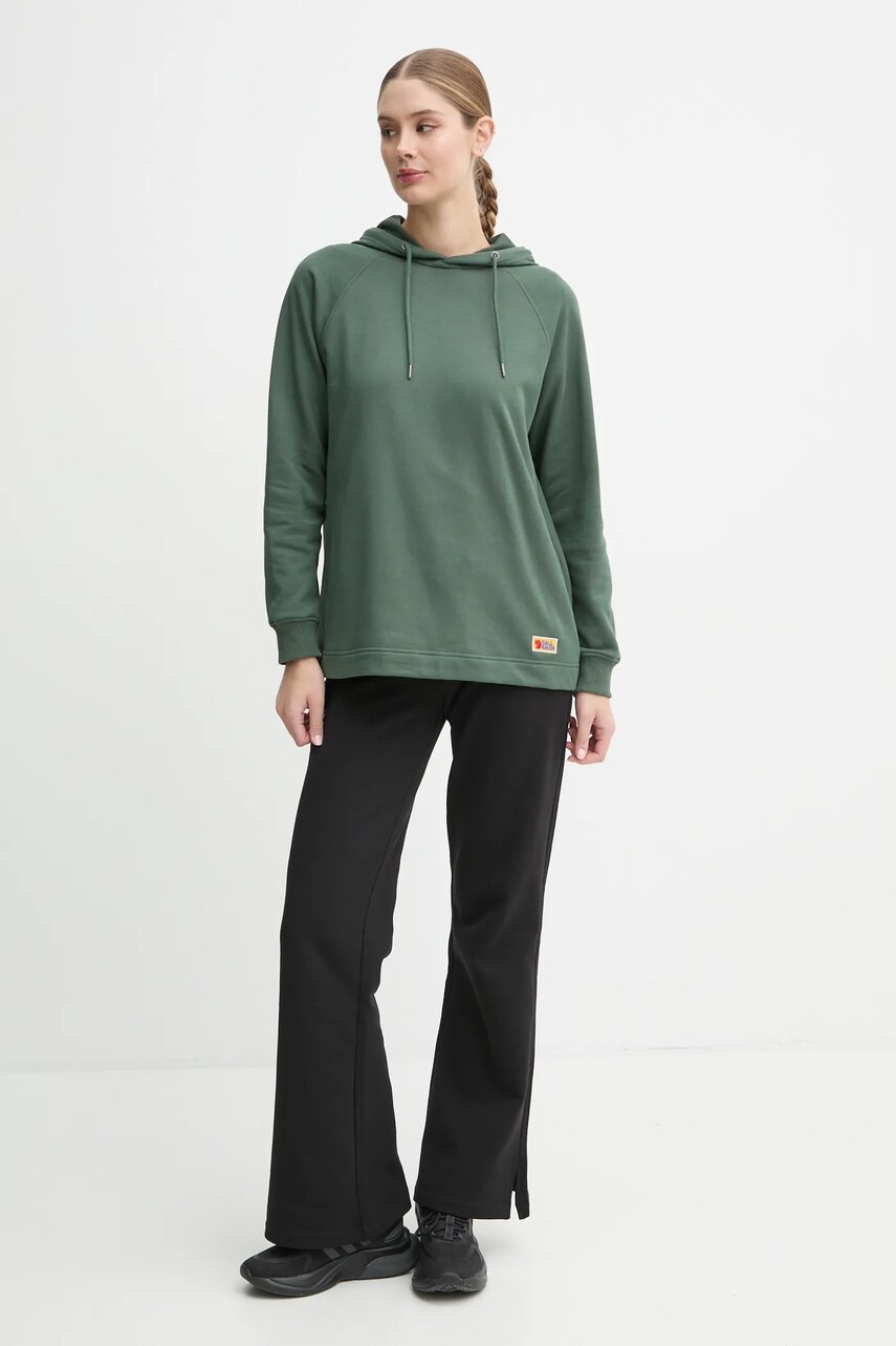 Бавовняна кофта Fjallraven Vardag Hoodie W жіноча колір зелений з капюшоном однотонна F86987.679