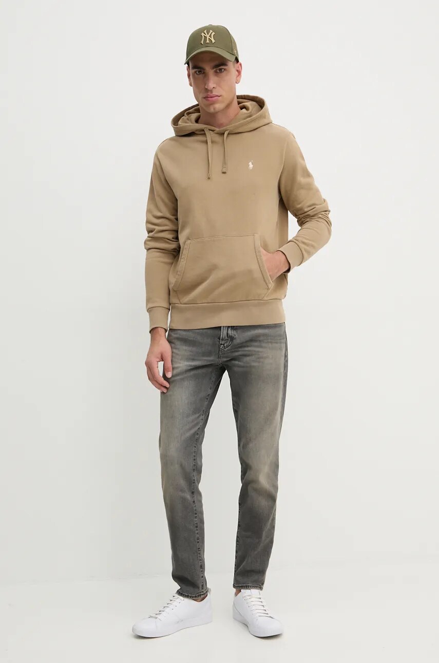 Бавовняна кофта Polo Ralph Lauren чоловіча колір бежевий з капюшоном однотонна 710916690
