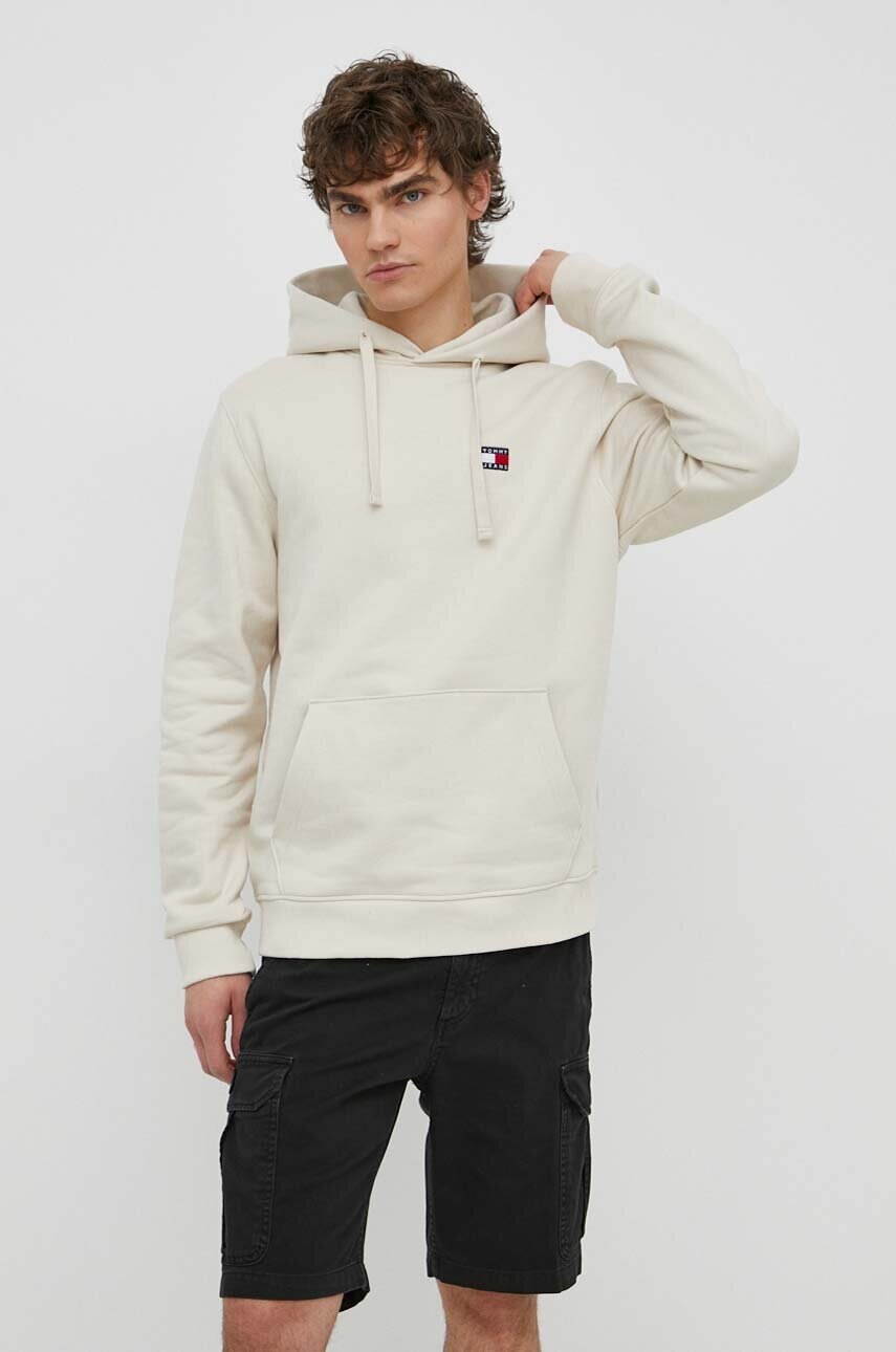 Бавовняна кофта Tommy Jeans чоловіча колір бежевий з капюшоном однотонна