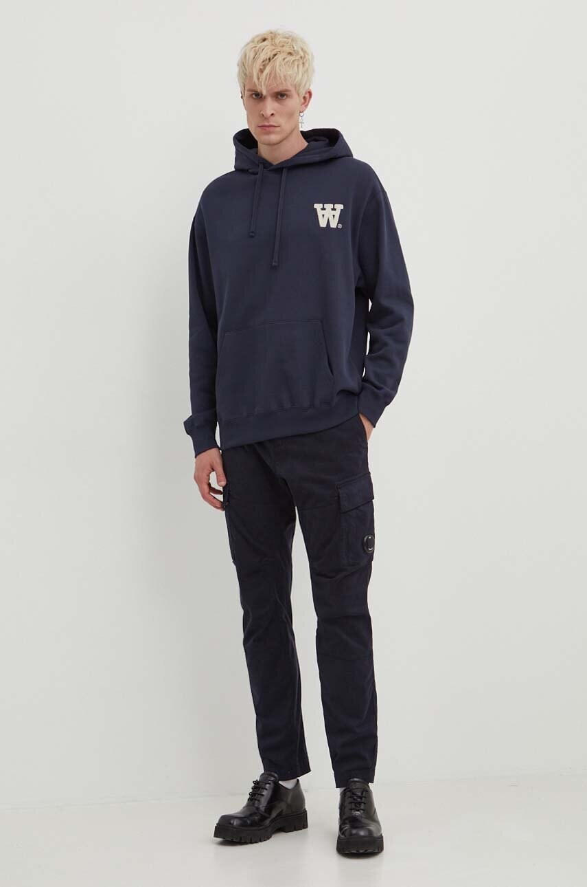 Бавовняна кофта Wood Wood Cass AA Moss Embroidery Hoodie чоловіча колір синій з капюшоном з аплікацією 10285606.2424