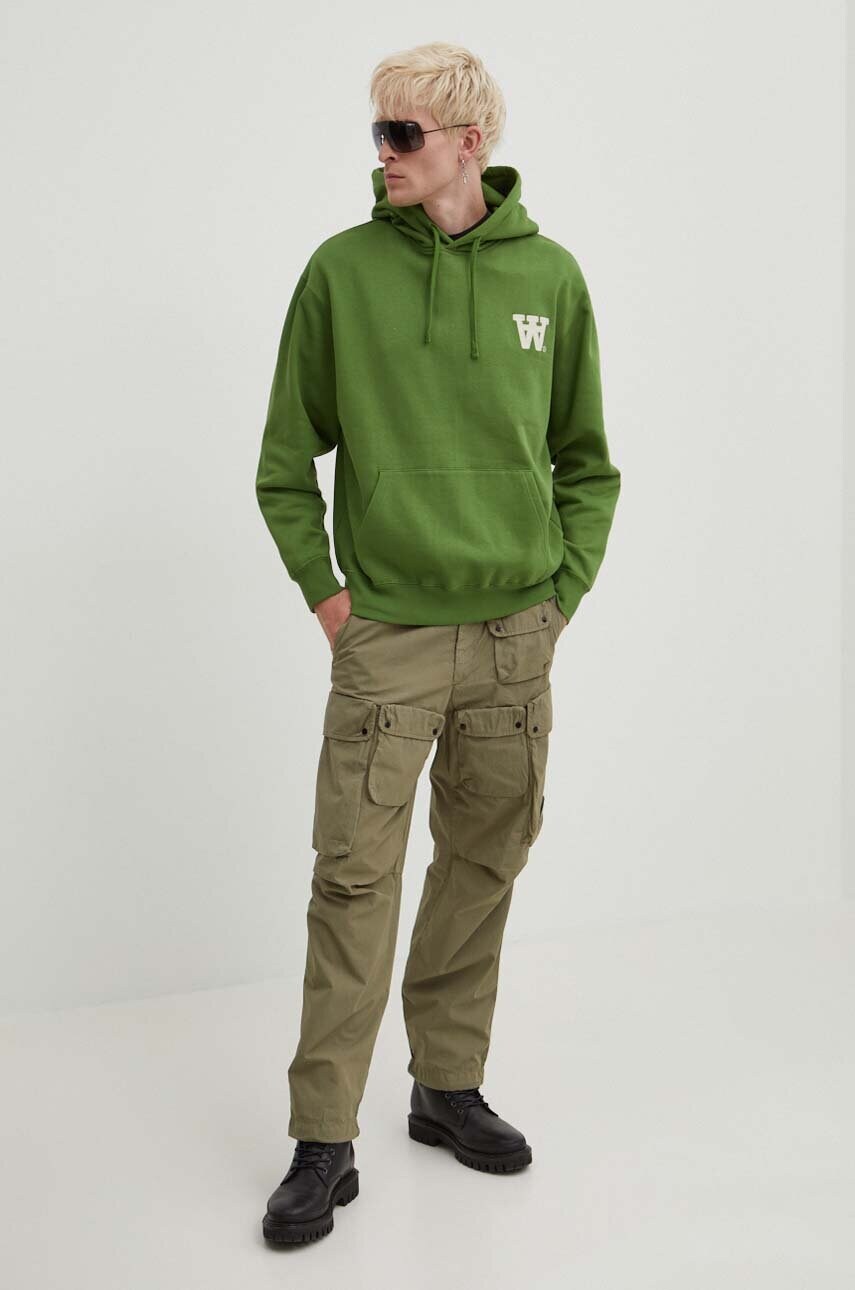 Бавовняна кофта Wood Wood Cass AA Moss Embroidery Hoodie чоловіча колір зелений з капюшоном з аплікацією 10285606.2424