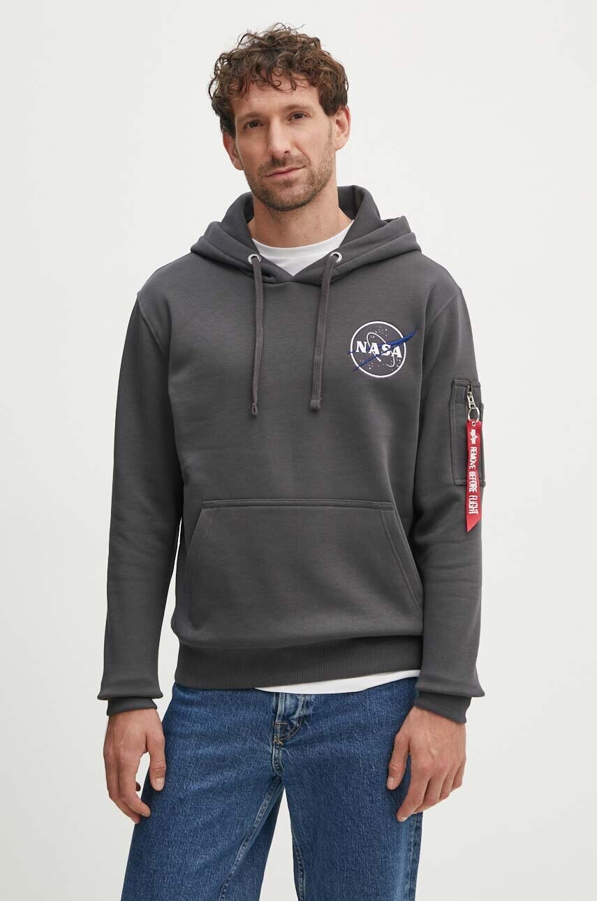 Кофта Alpha Industries NASA Orbit Hoody чоловіча колір сірий з капюшоном з аплікацією 146339