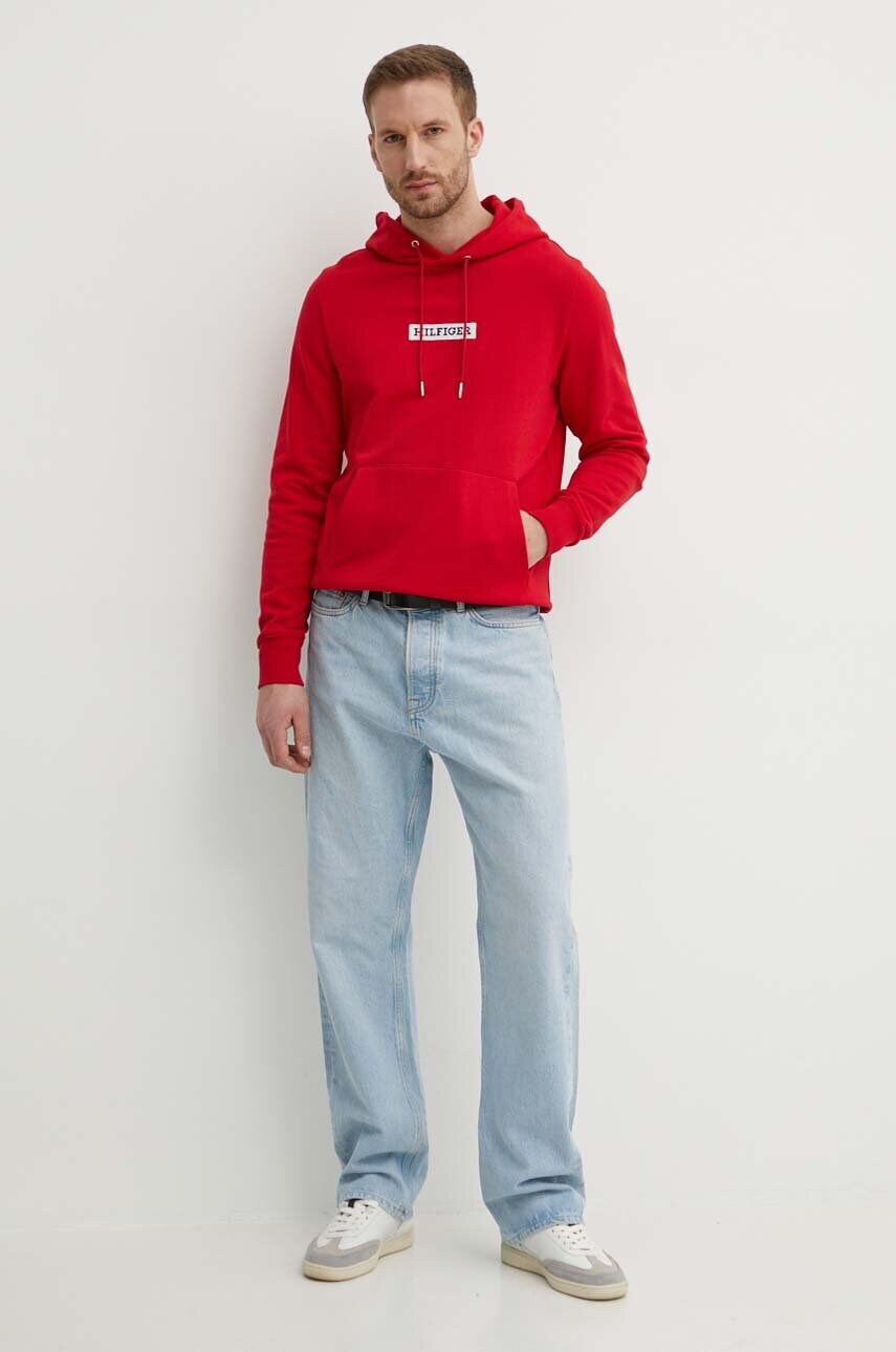 Бавовняна кофта Tommy Hilfiger чоловіча колір червоний з капюшоном з аплікацією MW0MW34379