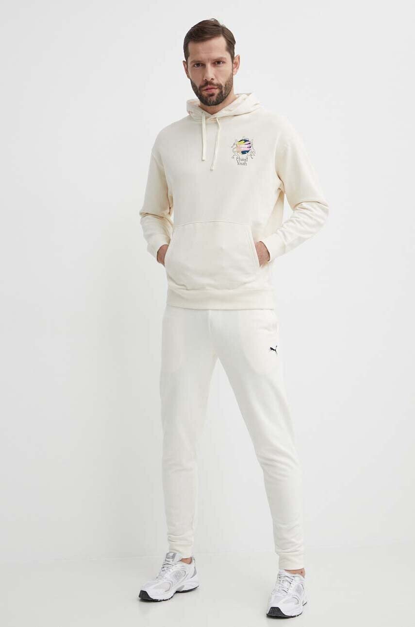 Бавовняна кофта Puma чоловіча колір бежевий з капюшоном з принтом 624361