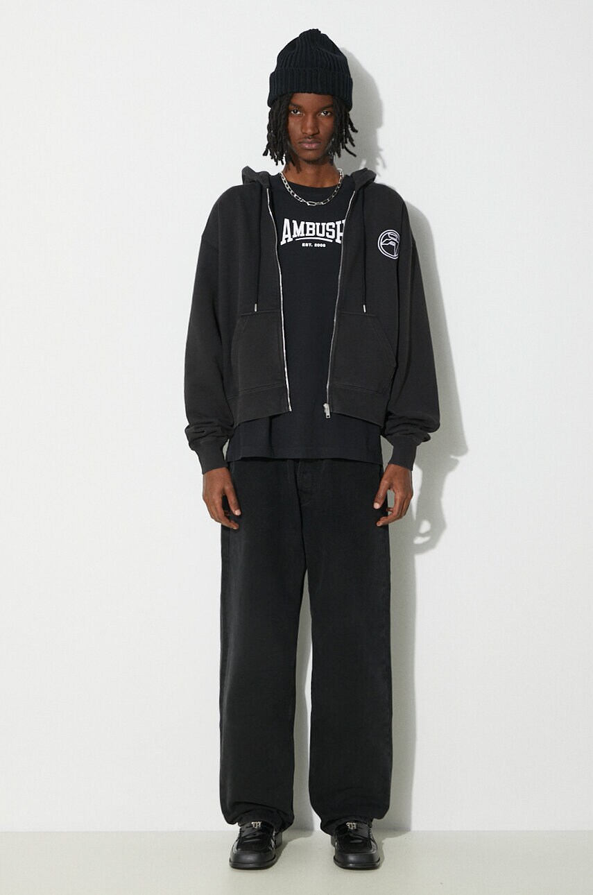 Бавовняна кофта AMBUSH Embroidered Emblem Zip Up чоловіча колір чорний з капюшоном однотонна BMBE002S24FLE