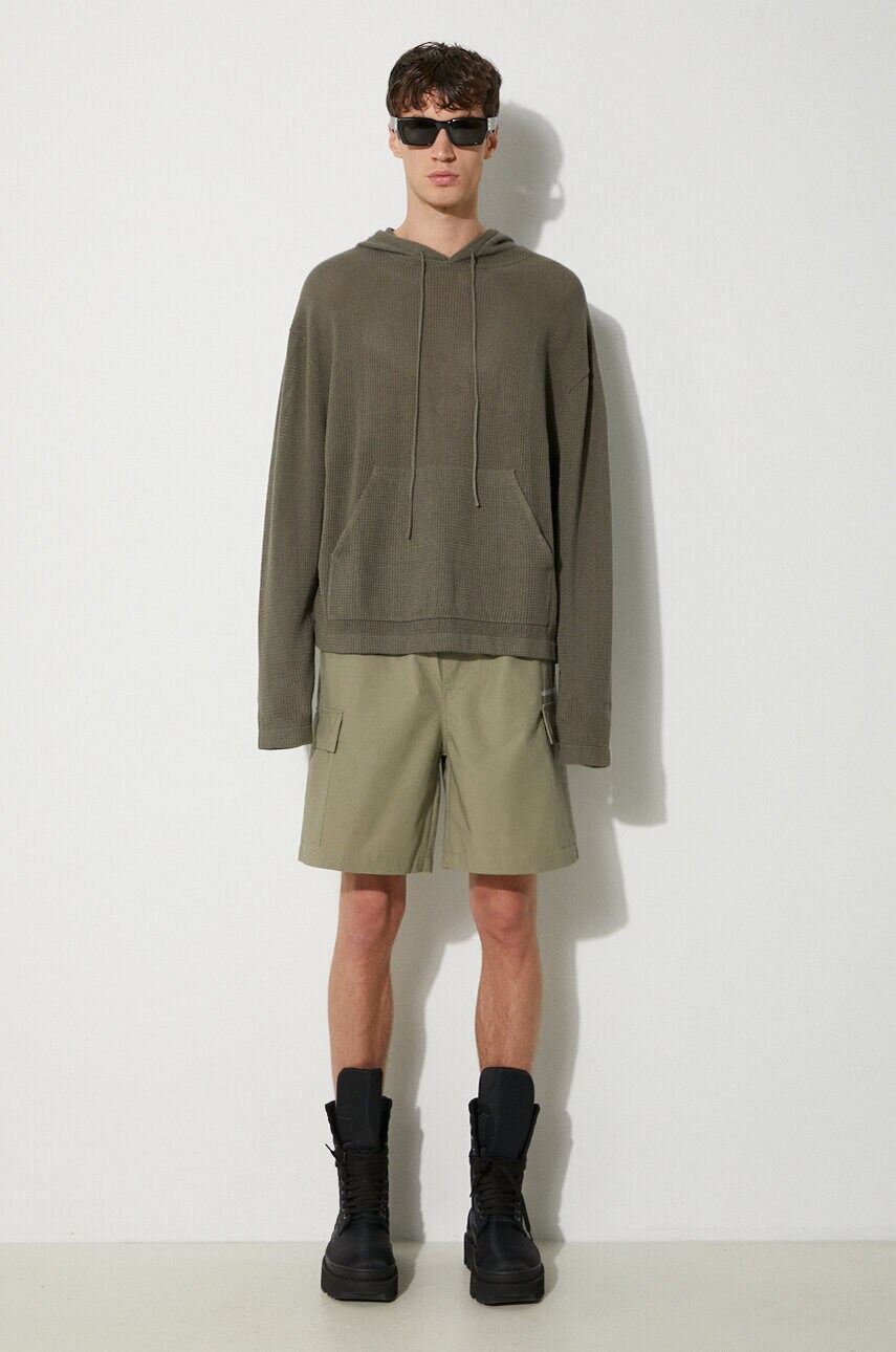 Бавовняна кофта MKI MIYUKI ZOKU Loose Gauge Hoody чоловіча колір зелений з капюшоном однотонна LOOSE.GAUGE.HOODY