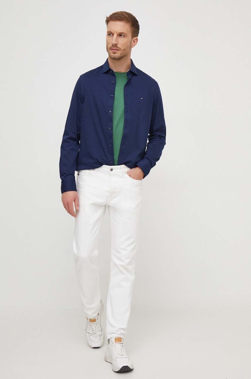 Бавовняна сорочка Tommy Hilfiger чоловіча колір синій slim з італійським коміром