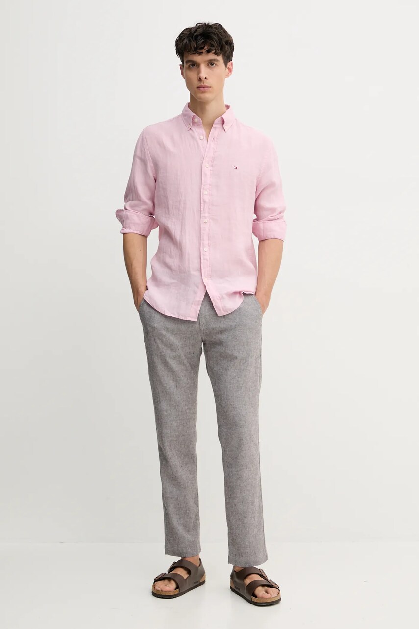 Сорочка з льону Tommy Hilfiger колір рожевий regular комір button-down MW0MW34602
