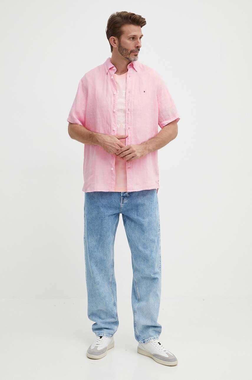Сорочка з льону Tommy Hilfiger колір рожевий regular комір button-down MW0MW35207