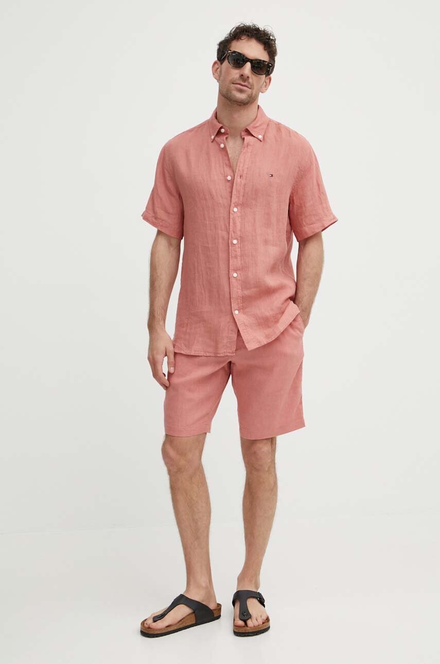 Сорочка з льону Tommy Hilfiger колір рожевий regular комір button-down MW0MW35207