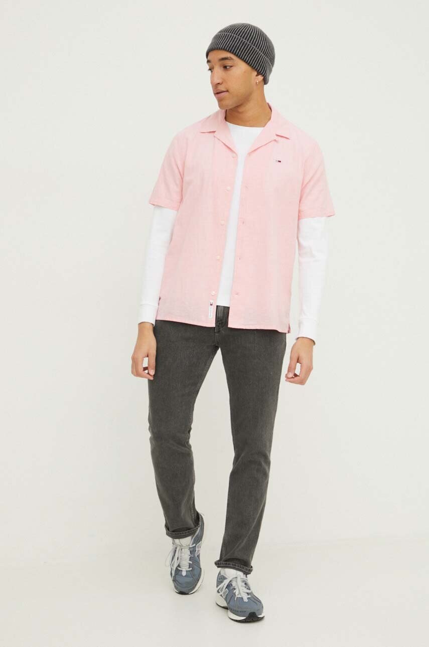 Сорочка з домішкою льону Tommy Jeans колір рожевий regular