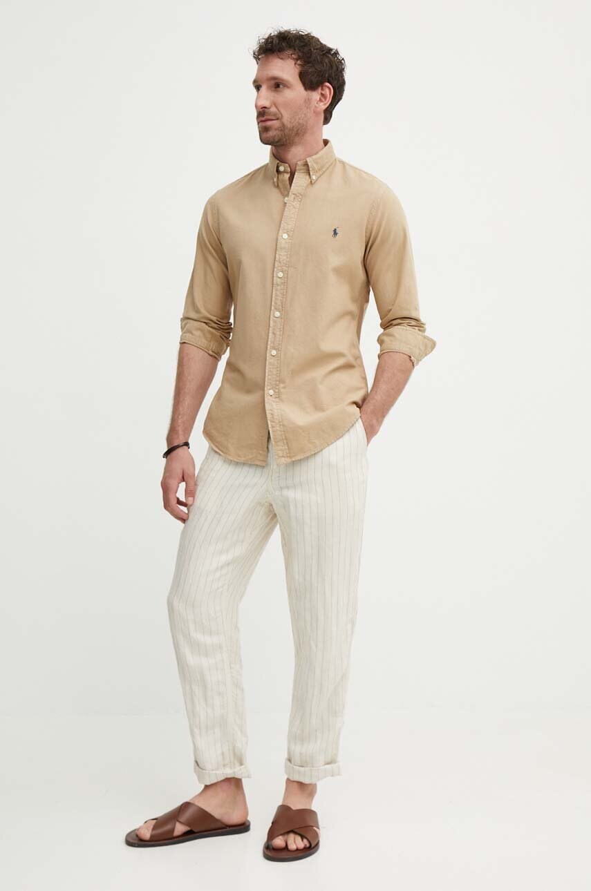 Бавовняна сорочка Polo Ralph Lauren чоловіча колір бежевий regular комір button-down 710889739001