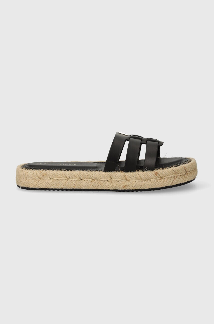 Шкіряні шльопанці Tommy Hilfiger AUTHENTIC FLAT LTHR ESPADRILLE жіночі колір чорний на платформі FW0FW07745