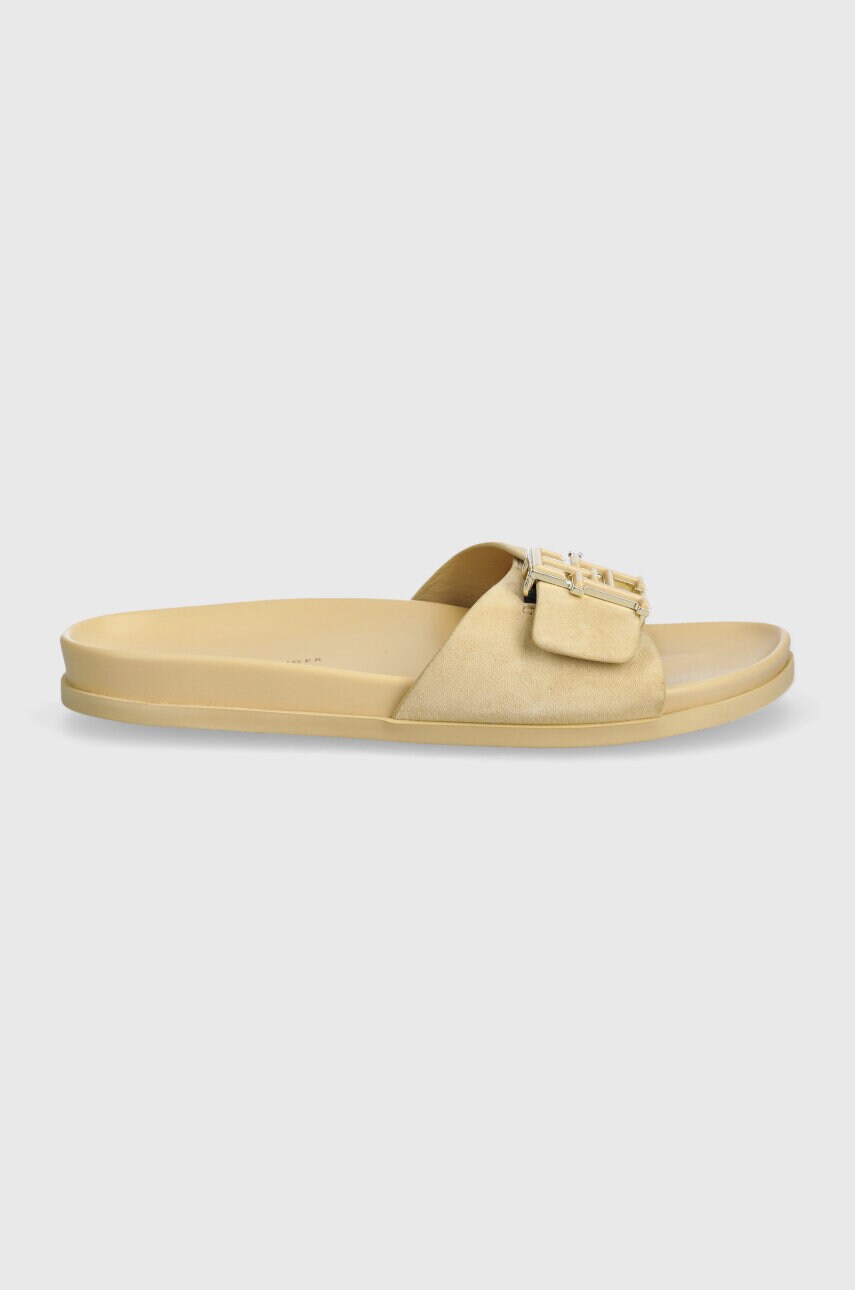 Замшеві шльопанці Tommy Hilfiger TH HARDWARE SUEDE FLAT SANDAL жіночі колір бежевий FW0FW07935