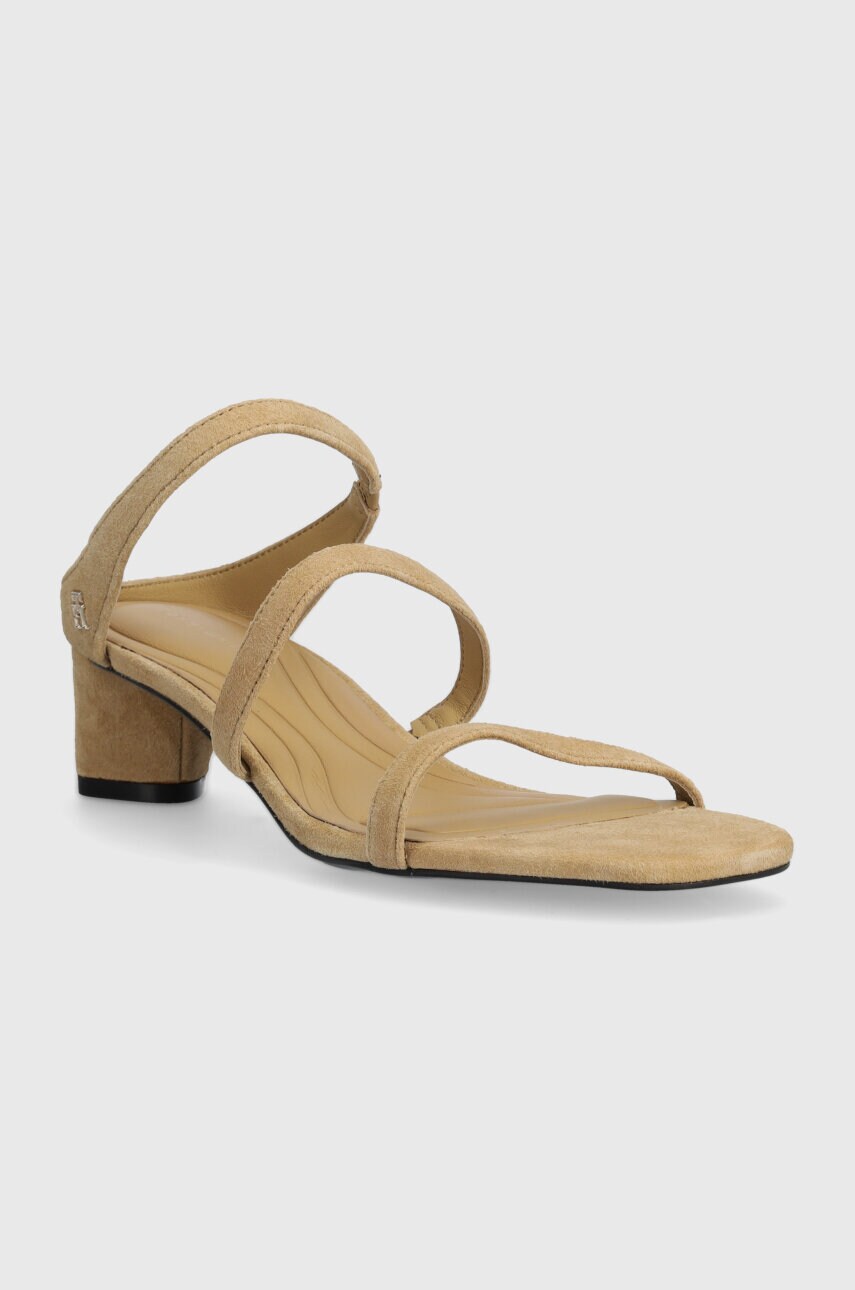 Замшеві шльопанці Tommy Hilfiger TH STRAP SUEDE MID HEEL жіночі колір бежевий каблук блок FW0FW08043