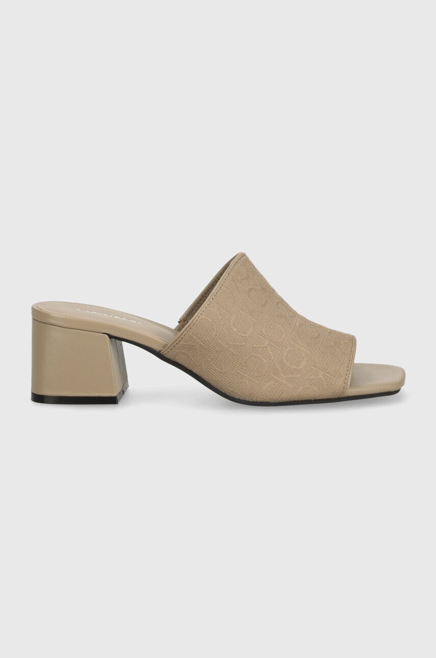 Шльопанці Calvin Klein HEEL MULE 45 MONOCQ жіночі колір бежевий каблук блок HW0HW01936