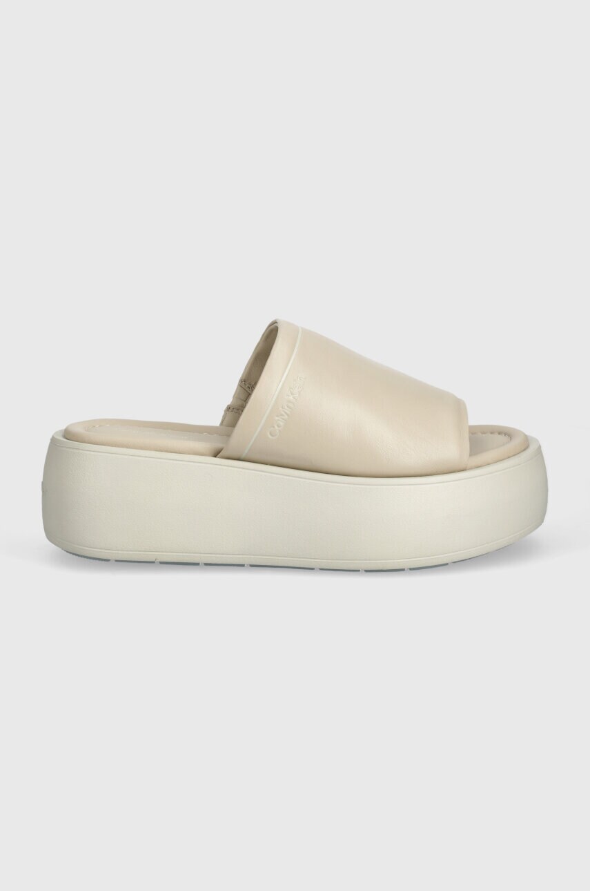 Шкіряні шльопанці Calvin Klein FLATFORM SLIDE LTH жіночі колір бежевий на платформі HW0HW01943