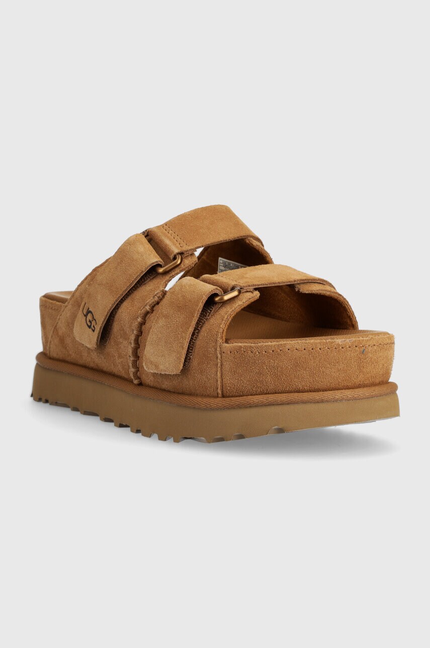 Замшеві шльопанці UGG Goldenstar Hi Slide жіночі колір коричневий на платформі 1155458