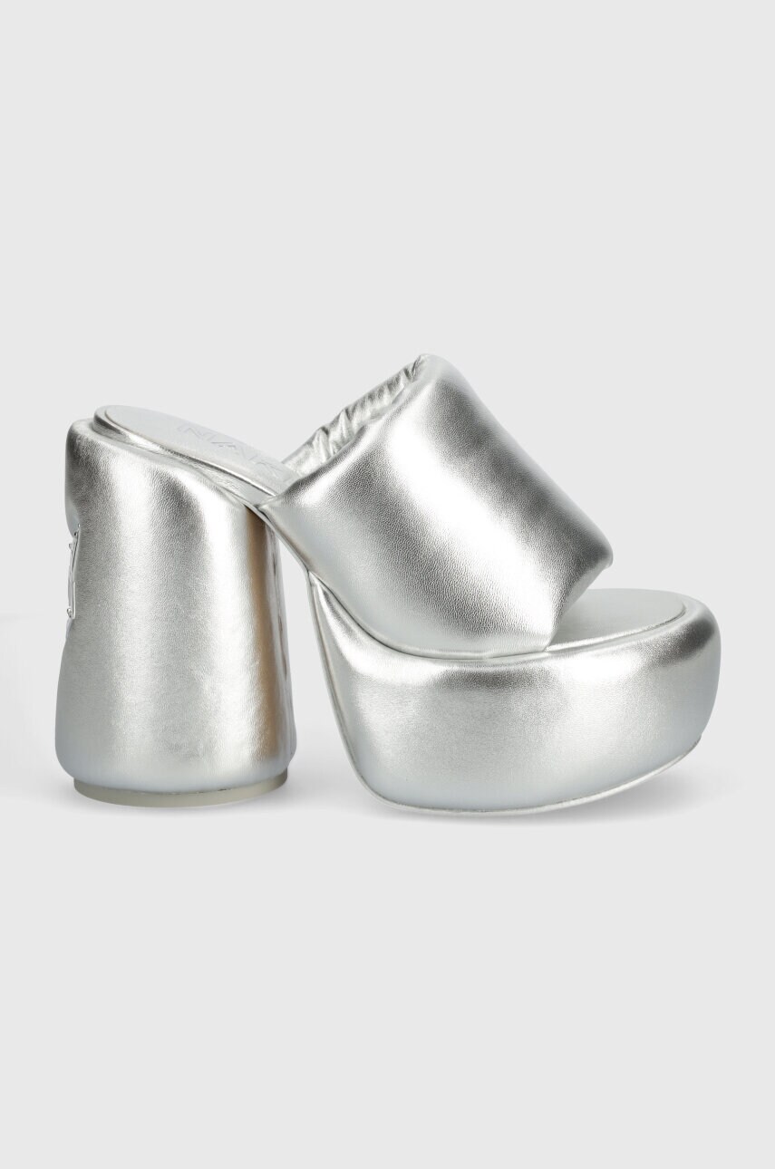 Шкіряні шльопанці Naked Wolfe Wow Silver жіночі колір срібний каблук блок