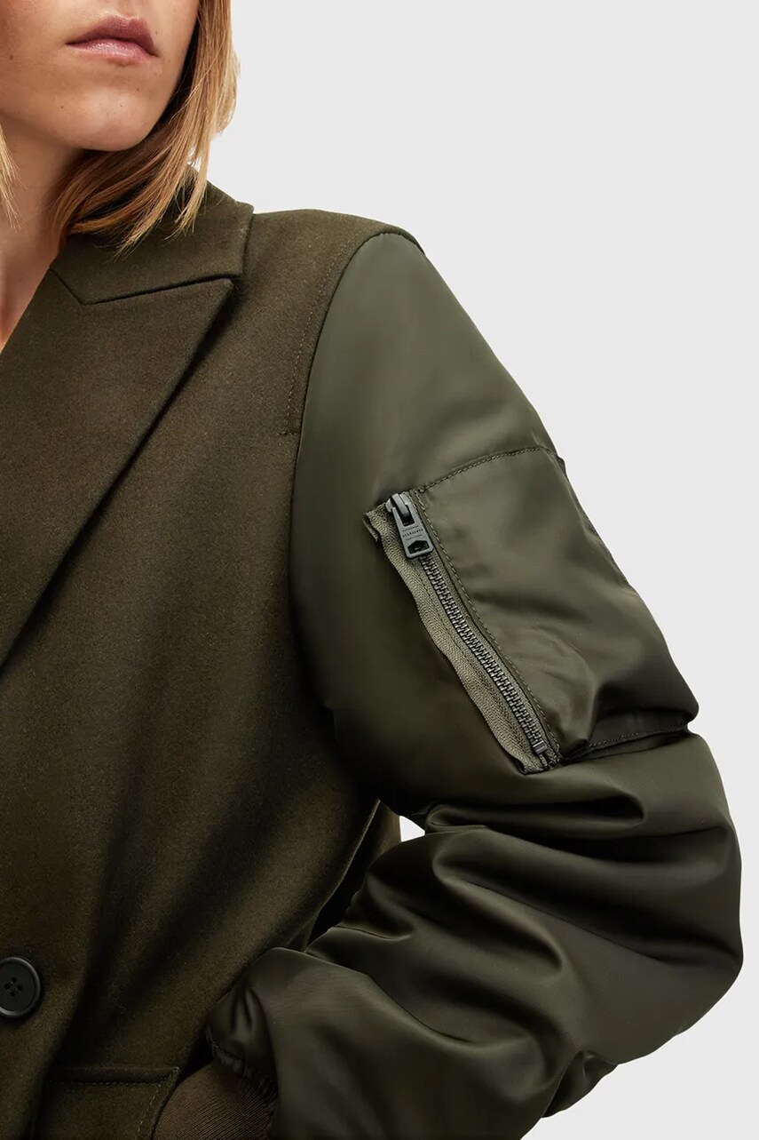 Пальто з вовною AllSaints PAULAH колір зелений перехідне двобортне W007OZ