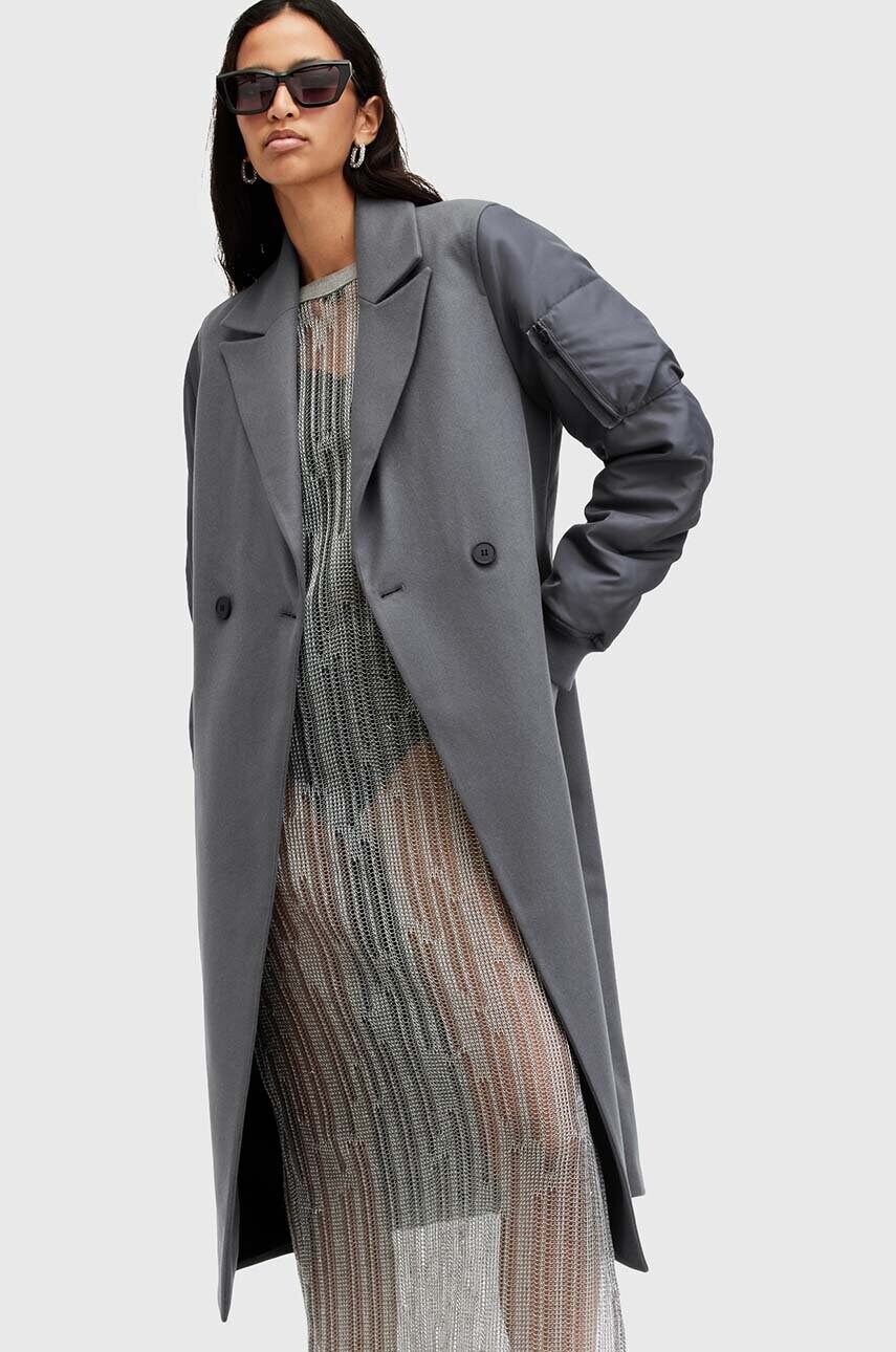Пальто з вовною AllSaints PAULAH колір сірий перехідне двобортне W007OZ